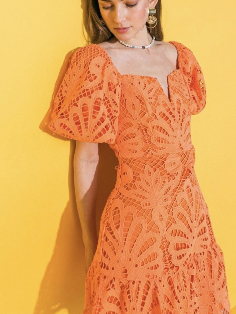 Orange Lace Puff-Sleeve Mini Dress - Women